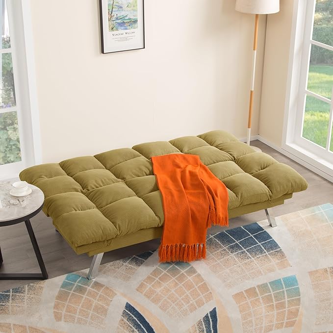 67” Convertible Futon Couch Bed Adjustable Pillow Top Arm Memory Foam Cloud Futons Loveseat Modern Light Gray Corduroy Mini Small Sofa Couches for Living Room