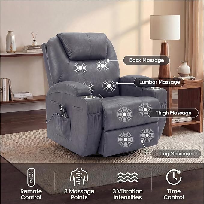 Flamaker Swivel Rocker Recliner for Adults 360 Glider Rocking Chair with Vibration Massage Upholstered Recliner Chair with 2 Cup Holders &amp Side Pockets for Living Room Nursery (Leathaire Grey)
