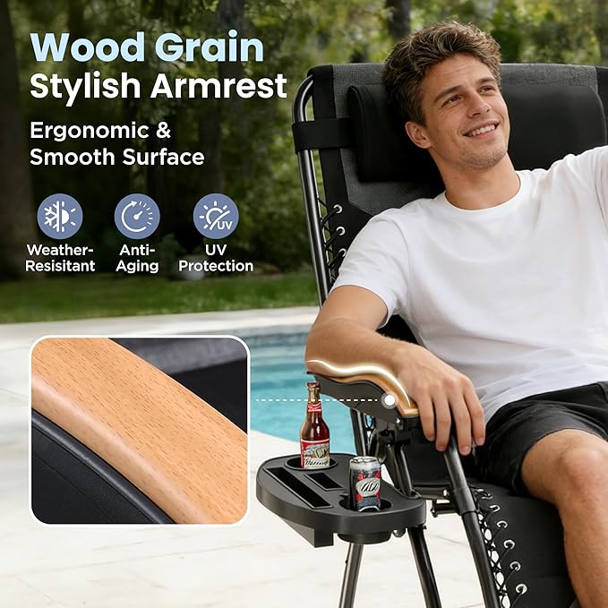 PHI VILLA XXL Oversized Padded Zero Gravity Chair Foldable Patio Recliner 30 Wide Seat Anti Gravity Lounger with Cup Holder Support 400 LBS (Black 1Pcs)