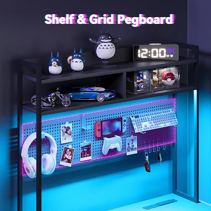 Apicizon L Shaped Gaming Desk 53 Reversible Corner Computer Desk with LED Lights Carbon Fiber Surface Pegboard with Hooks Drawer &amp PC Tower Stand USB Charging Port