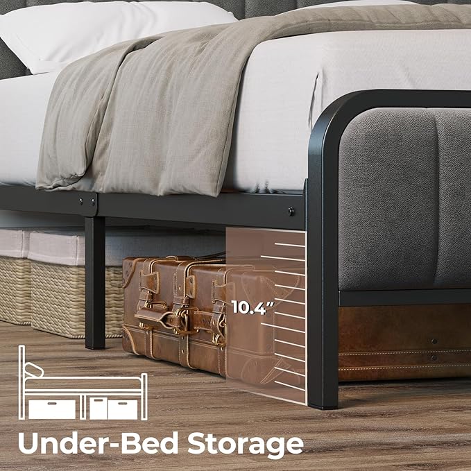 Rolanstar Full Size Bed Frame with LED Light and Charging Station Upholstered Headboard and Footboard Metal Slat Noise Free Easy Assembly Dark Gray