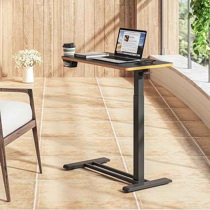 SANODESK Mobile Standing Desk with Hidden WheelsPneumatic Laptop Desk Rolling Computer Cart Movable Height Adjustable Small Sit Stand Desk for Home Office(27.6 W x 15.7 D Black+Maple Band)