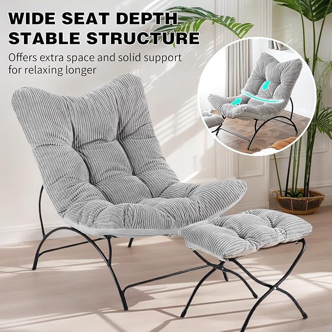 Welnow Modern Accent Chair with Ottoman Upholstered Comfy Lounge Recliner Sofa Thick Cushion Oversized Lazy Reading Chair with Footrest for Living Room Bedroom Apartment Office Dorm Light Grey