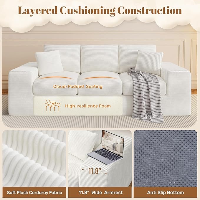 91.7 Boneless Sofa Couch with Layered Cushion3 Seater Cloud Couch with Deep SeatUpholstered Corduroy Floor Sofa with Removable Cover &ampThrow Pillows for Living RoomNo Assembly Beige