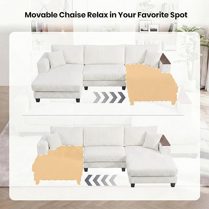 114 Cloud Sectional Couch with L-Shape Reversible Chaise Modern Corduroy L Shaped Couch with 2 Pillows &amp Storage Armrests 4 Seater Sectional Couches for Living Room Plush Corduroy White