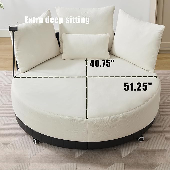 SLEERWAY Oversized Round Swivel Accent Chair Large Circle Barrel Chair and A Half Comfy Upholstered Lazy Sofa Couch with Phone Stand/Wheels Chaise Lounge Daybed for Living Room Bedroom Beige