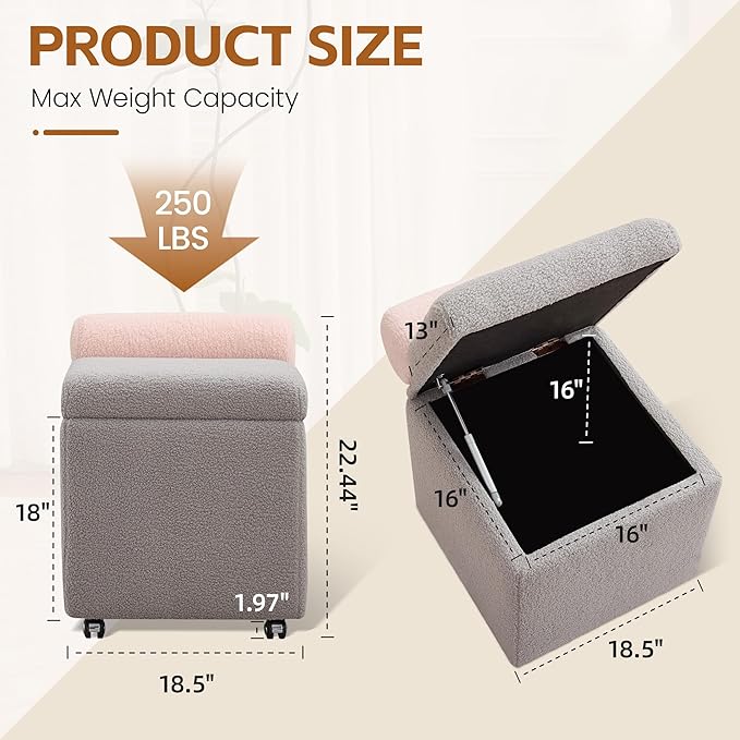 Boucle Vanity Chair with Storage Swivel Makeup Vanity Chair with Wheels &amp Safety Hinge Upholstered Vanity Stool Ottoman for Bedroom Dressing Room Grey