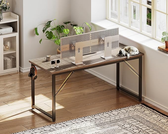 Casaottima 54 Inch Computer Desk for Home Office Study Writing Table for Small Spaces Simple Modern Desk with Headphone Hooks Grey Oak