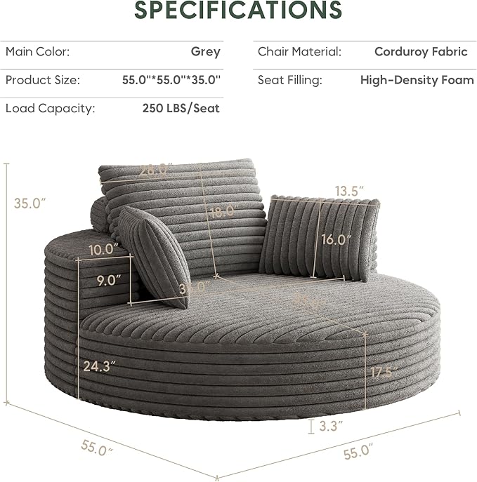 55 Oversized Round Swivel Chair 360° Corduroy Upholstered Barrel Sleeper Lounge Chair Deep Seat Single Sofa Armchair with Back Pillow Modern Accent Chair for Living Room Bedroom Grey