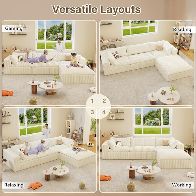 Modular Sectional Sofa Corduroy Plush L Shape Cloud Couch Modern Deep Seat Boneless Couches for Living Room Large Compression Sofas Luxury Fluffy Couchs Sectionals White