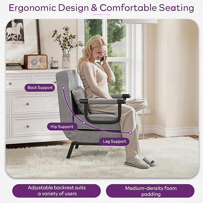 TYBOATLE Folding Chair Bed Comfy Convertible Sleeper Sofa 5 in 1 Folding Bed with 5-Position Adjustable Backrest &amp Pillow Floor Single Chairs Cozy Futon Chair for Small Spaces Office (Light G