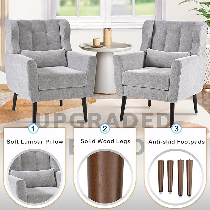 Modern Accent Chair Upholstered Armchair with Pillow Fabric Single Sofa Chair with Lounge Seat Solid Wood Legs Accent Chair for Living Room Bedroom Small Spaces (Grey)