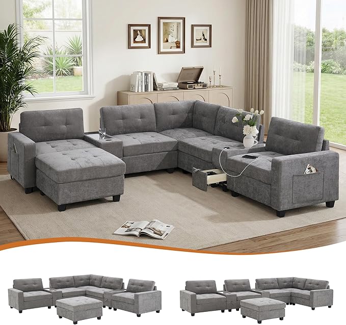 104'' Modular Sectional Sofa with 2 Tech Consoles Oversized U Shaped Couch Set with USB Charger Storage Movable Ottoman Chenille Large Sectional Couches for Living Room (Grey)