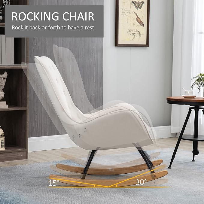 HOMCOM Mid-Century Fabric Rocking Chair Sofa Armchair Tufted Rocker Wingback Accent Chair with Padded Seat Rubber Wood Base for Home Studio Bedroom Living Room Cream White