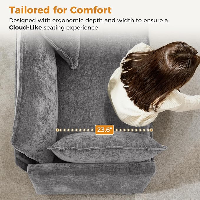 Redlife 133 Modular Sectional 3-Seater Sofa with 2 Ottomans Chenille Sectional Couch Set with Spring &amp Double Foam Cushion System Removable Covers Easy to Assembly Gray