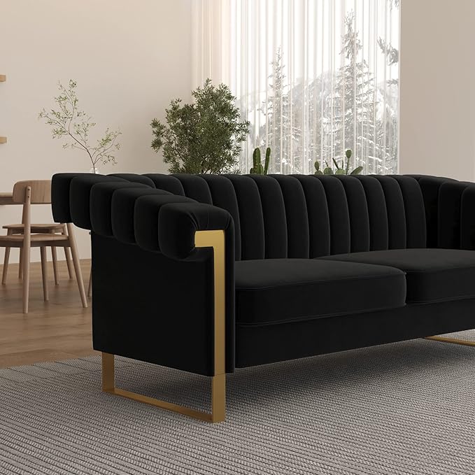 83'' Velvet Couch Sofa Mid-Century Modern Love Seat Chesterfield 3 Seat Couches Sofa for Living Room Apartment (Black)