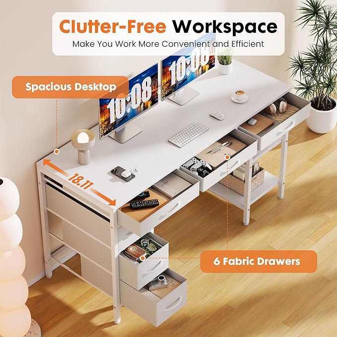 Sweetcrispy 55 Computer Desk with 6 Drawers Home Office Gaming Desks with Storage Shelves for Bedroom Writing Study Corner Living Room Work Table White