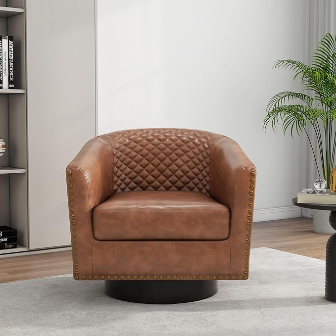 Swivel Barrel Accent Chair Set of 2 Comfy Modern Upholstered Round Faux Leather Arm Chair for Living Room Bedroom - Brown