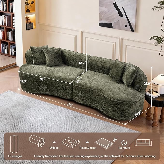 Modular Sectional Sofa Cloud Boneless Couch with Layered Cushion Upholstered Sofa in a Box Flexible Module Combination for Living Room No Assembly (Green 114”)