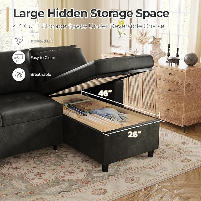 Esright Sleeper Sofa Bed 3-in-1 Pull Out Couch with Reversible Chaise Leather Sleeper Sofa with Storage USB Cup Holder Pullout Sectional Couches for Apartment Living Room Black | Hidden Storage