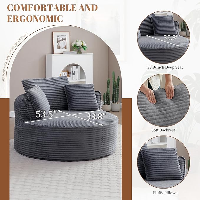 53W Oversized Round Chair Lounge Chaise Indoor Corduroy Comfy Circle Reading Armchair Upholstered Modern Cloud Boneless Chairs Cozy Floor Sofa Chair for Living Room Bedroom Apartment(Grey)