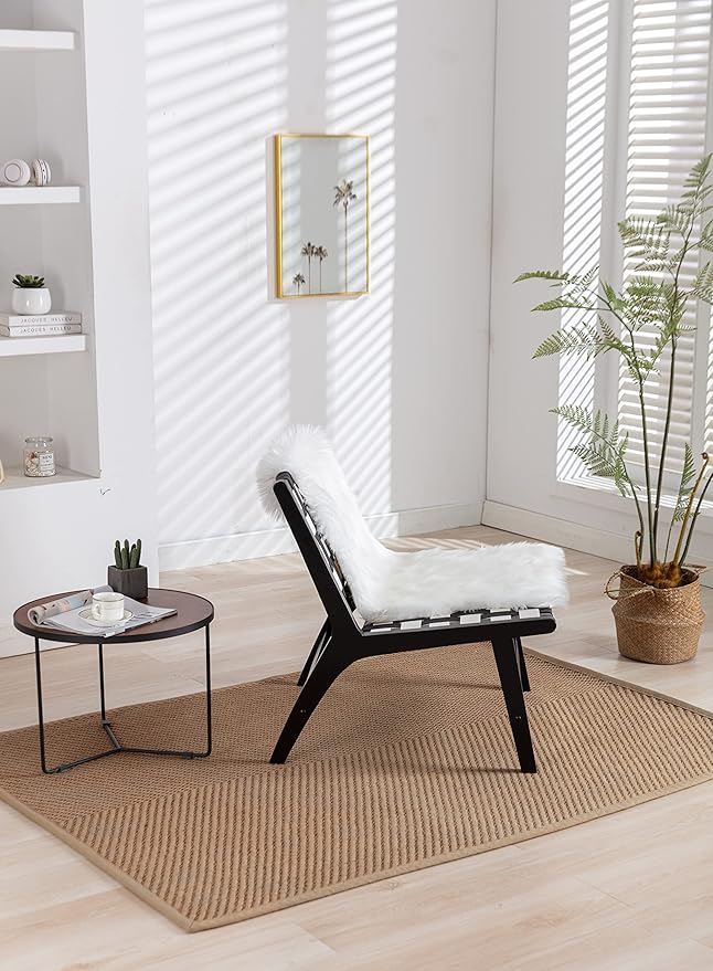 Solid Wood Frame Chair with White Faux Wool. Modern Accent Chair Lounge Chair for Living Room