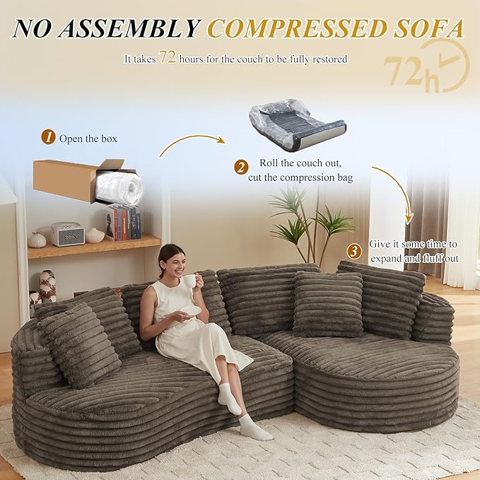 120'' Boneless Modular Sectional Curved Sofa Upholstered Cloud L Shaped Couch with Chaise Oversized Home Sofa Living Room Corduroy Couch No Assembly Required (Dark Brown Right Facing Chaise)