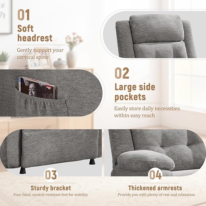 Power Recliner Chair for Adults Oversized Electric Recliner with Thickened Cushions Chenille Fabric Reclining Chair for Living Room Bedroom LightGrey
