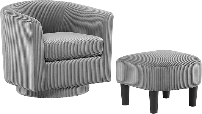 360° Swivel Accent Chair with Ottoman - Comfy Corduroy Recliner Armchair Single Sofa for Living Room &amp Bedroom (Grey)