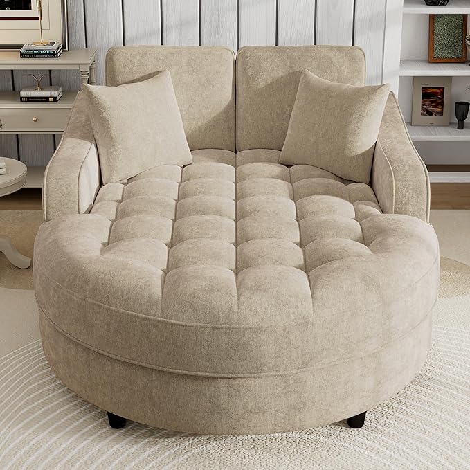 55 Chaise Lounge Upholstered Sofa Bed with Tufted Seat and Detachable PillowsSofa Couch for Living Room (Champagne#q)