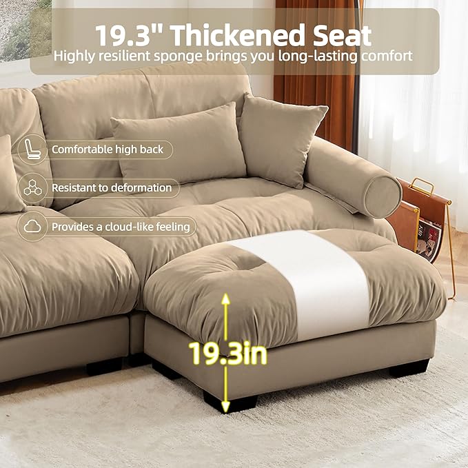 Loveseat Sofa 93.7 Modular Sectional Sofa 2 Seater Modern Cloud Couch with Ottoman Oversized Sectional Couches for Living Room Comfy Velvet Sofas Deep Seat Couch with 4 Pillows Camel