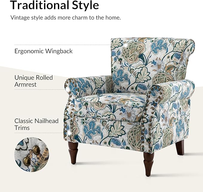 Wingback Accent Chair with Wood Legs Modern Comfy Upholstered Armchair with Removable Cushion and Nailhead Trim Floral Pattern Single Sofa Reading Chair for Living Room Bedroom