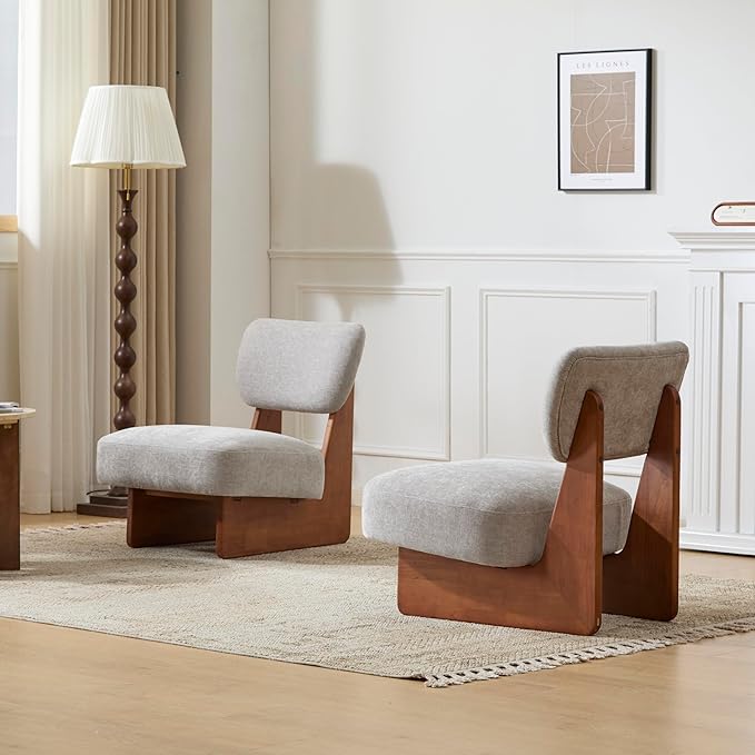 Accent Chairs Set of 2 Mid-Century Modern Chair with Polyester Upholstery Wood Base with Walnut Finish Minimalist and Stylish Accent Seating for Living Room Bedroom Balcony (Walnut+Gray)