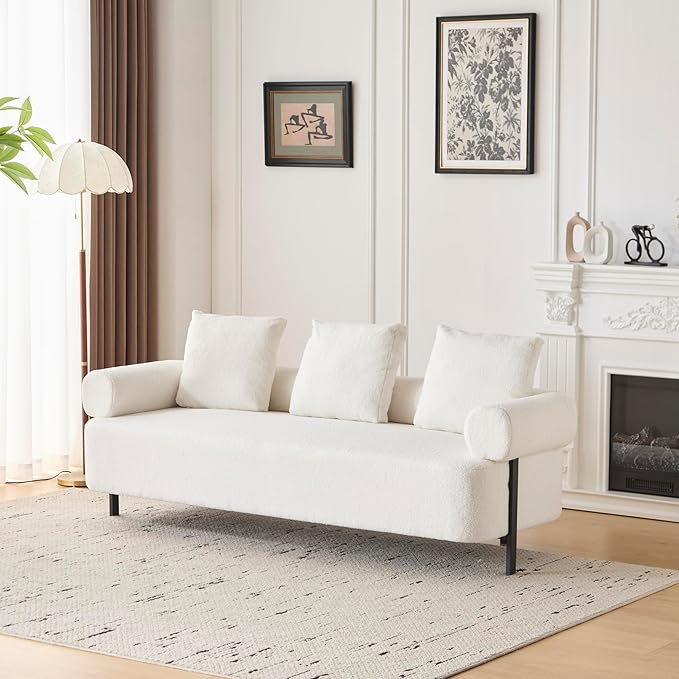 Christopher Knight Home Gilly 78 Modern Boucle Upholstered Sofa with Pillow Oversized Comfy Cloud Couch with Wooden Frame 3-Seater Sofa Couch for Living Room Bedroom Home Office Beige