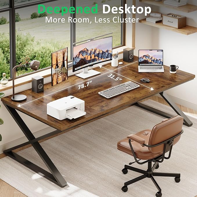 IBF Rustic Large Desk for Home Office 78.7 Extra Long Computer Desk Wood Metal Wide Work Desk for Study Writing Farmhouse Dual Monitor Workstation Gaming Desk Computer Table Rustic Brown