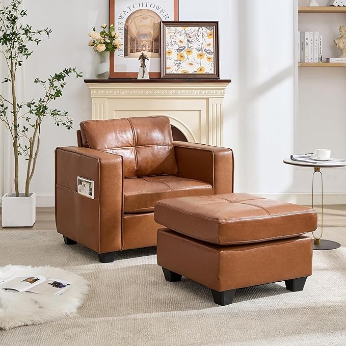 TYBOATLE Oversized Accent Chair with Ottoman Wide Chaise Lounge Chair Indoor Mid-Century Modern Armchair with Pockets Leather Comfy Chairs for Bedroom Living Room Office (Brown)