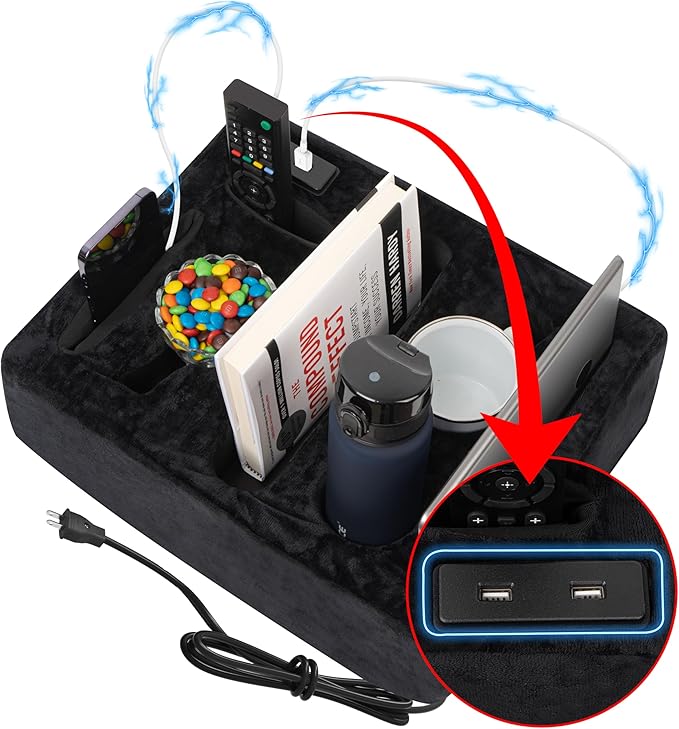 Couch Cup Holder &amp Organizer with USB Charging Ports – Sofa Caddy for Drinks Remotes Snacks &amp More – Perfect Couch Accessory with Anti-Slip Design
