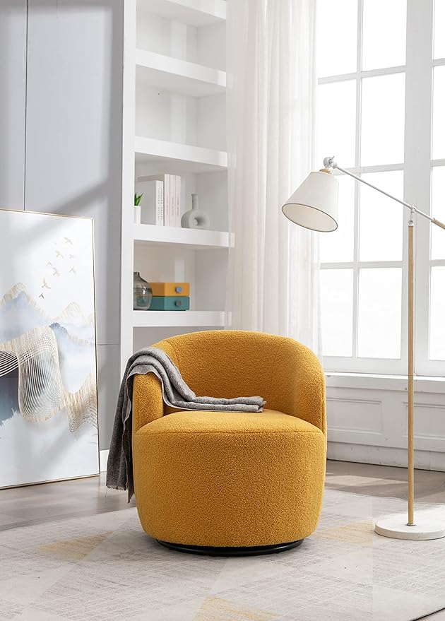 kevinplus Swivel Barrel Chair Accent Armchair for Living Room Bedroom 360 Degree Modern Round Upholstered Single Sofa Couch Chair Cozy Small Swivel Chair for Apartment Teddy Fabric Yellow