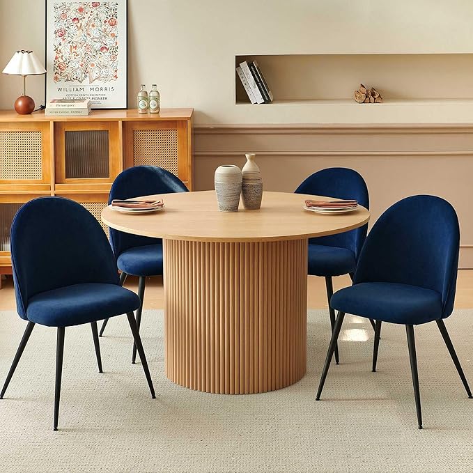 47-in Round Kitchen Table Set for 4 Modern Mid-Century Dining Room Table Pedestal with 4 Navy Blue Kitchen Living Room Chairs Set Space Saving Dining Set for Dinining Hall Reception Room