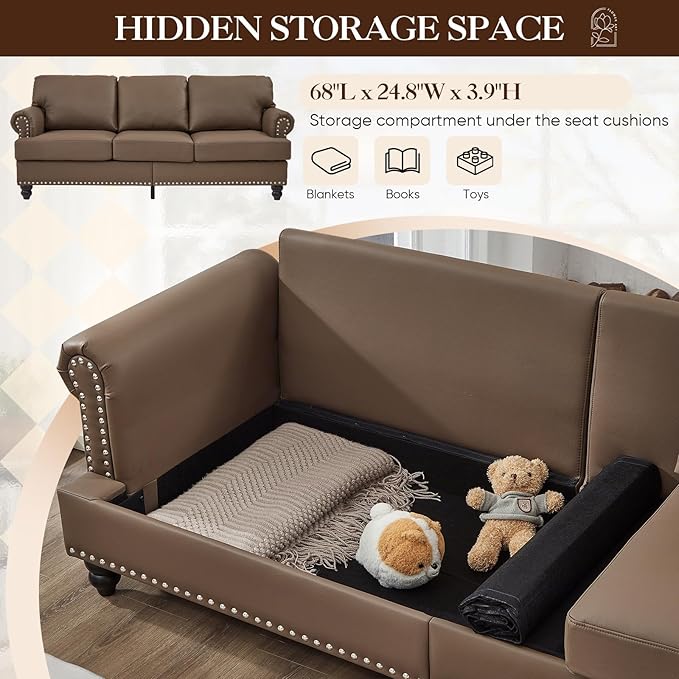 83-inch 3 Seater Couch with Storage Mid Century Chesterfield Faux Leather Vintage Retro Classic Sofa Couch with Nailhead Trim &amp Rolled Armrests for Living Room Bedroom Office Brown