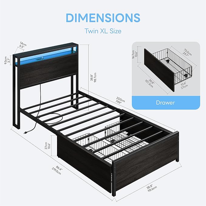 LIKIMIO Twin XL Bed Frame with 2-Tier Shelves &amp Charging Station &amp LED Light DIY Layout Storage Drawers Suitable for Teen Rooms Small Apartments &amp Bedrooms Gray Black