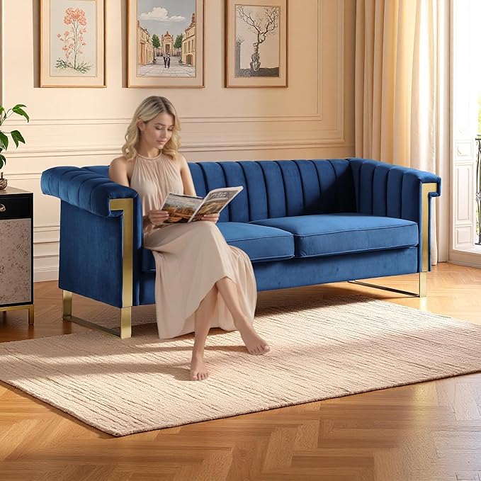 KEIKI 84 Velvet Sleek Channel-Tufted Sofa with Armrest and Back Cushions Modern Style Gold Accents 3-Seater Upholstery Couch with Solid Legs Easy Assembly for Living Room Bedroom Apartment Blue