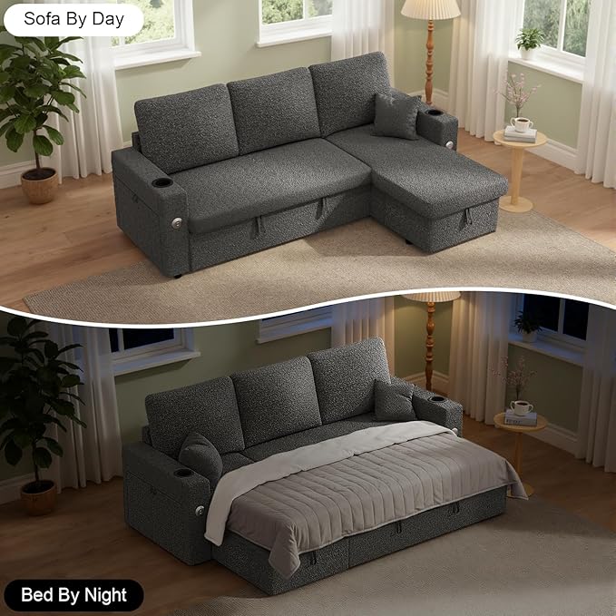 82 Inch L-Shape Sectional Couch 4-in-1 Multifunctional Pull-Out Couch Sleeper Sofa with Storage Chaise Charging Station Cup Holder for Living Room/Office/Apartment (Dark Gray)