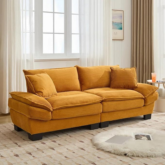 Modern 84 Corduroy Loveseat Sofa Ultra-Comfy Couch with 2 Pillows for Apartment Living Room Bedroom Home Office (Yellow)
