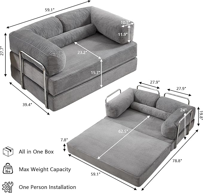 5-in-1 Convertible Sofa Bed 79 Corduroy Folding Sleeper Couch Bed with Steel Frames Boneless Foldable Floor Sofa Bed for Living Room Guest Room No Assembly (Grey)