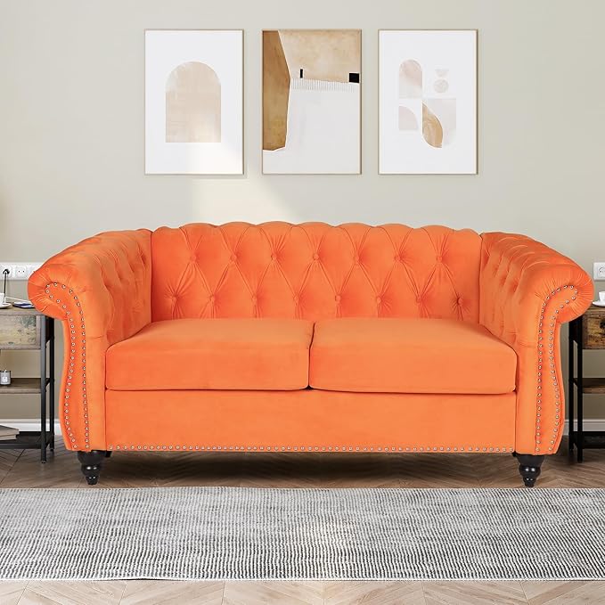 Velvet Loveseat Chesterfield Love Seat Couch 2 Seater Accent Sofa with Rolled Arms Mid-Century Modern Love Seats Tufting Nailhead Trim for Living Room Bedroom Home Theater (Velvet Orang)