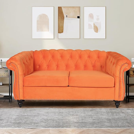 Velvet Loveseat Chesterfield Love Seat Couch 2 Seater Accent Sofa with Rolled Arms Mid-Century Modern Love Seats Tufting Nailhead Trim for Living Room Bedroom Home Theater (Velvet Orang)