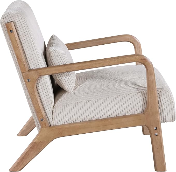 Wooden Accent Arm Chair Mid Century Armchair Comfy Modern Corduroy Accent Chair Boho Arm Chair with Pillow for Bedroom Lounge Living Room (Beige)