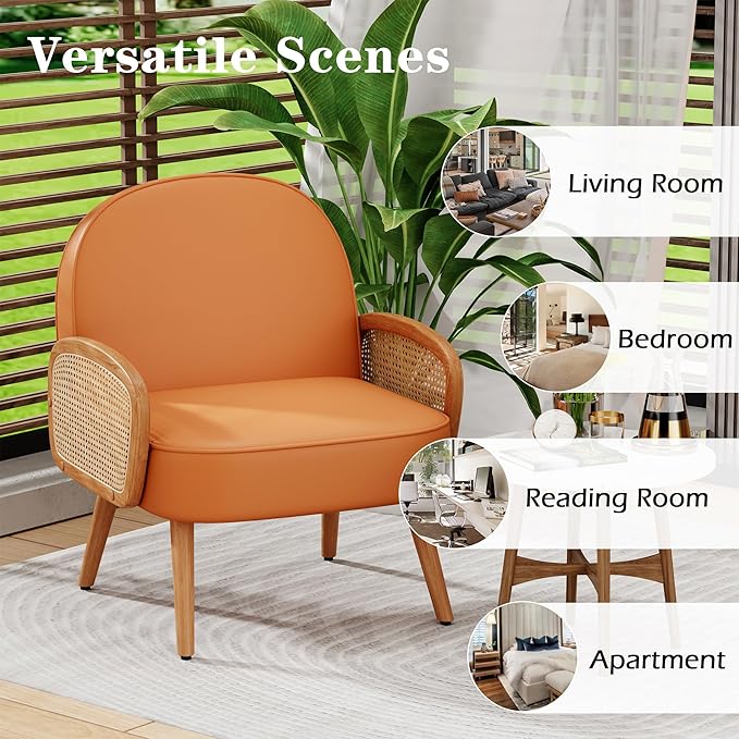 Accent Chairs Rattan Comfy Upholstered Modern Arm Chair for Living Room Chair Reading Bedroom Balcony Faux Leather Chair