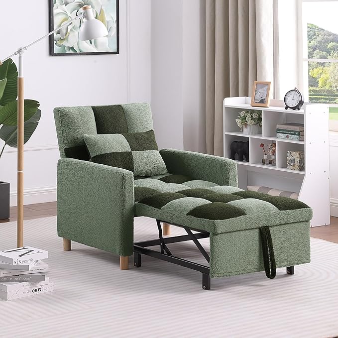 Sleeper Chair Pull Out Bed for Small Space Teddy Fabric Single Sofa Chair Bed with Adjustable Backrest